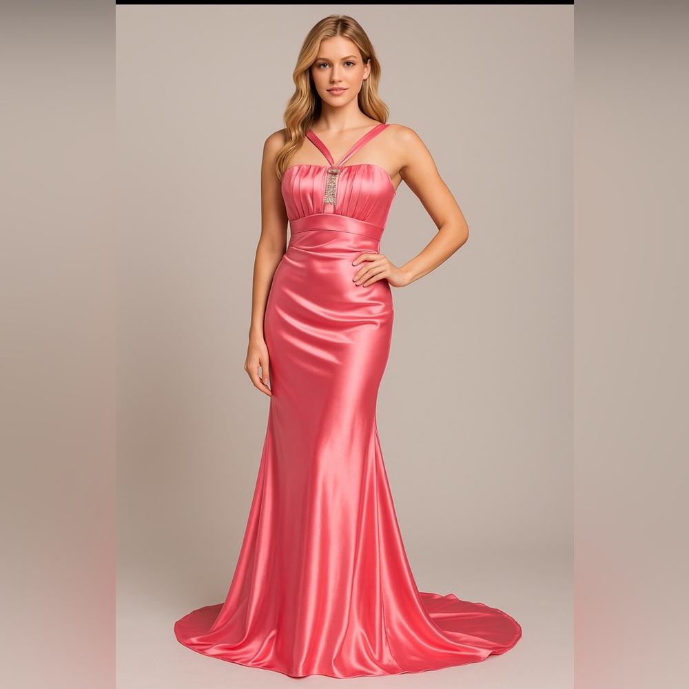 Jessica McClintock Gunne Sax 90’s Pink Satin Halter Rhinestone Maxi Dress Size 3